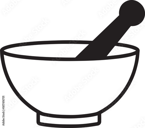 Mortar and Wooden Pestle Silhouette in Black | Kitchen Tool Illustration