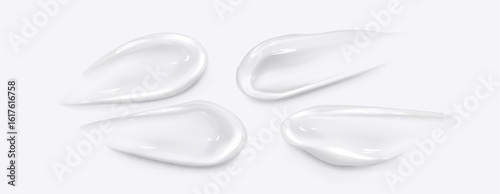 White gel cosmetic smears - glossy transparent cream swatches, smooth serum drops and moisturizer samples on clean bg. Beauty skincare product texture for advertising display and packaging design.