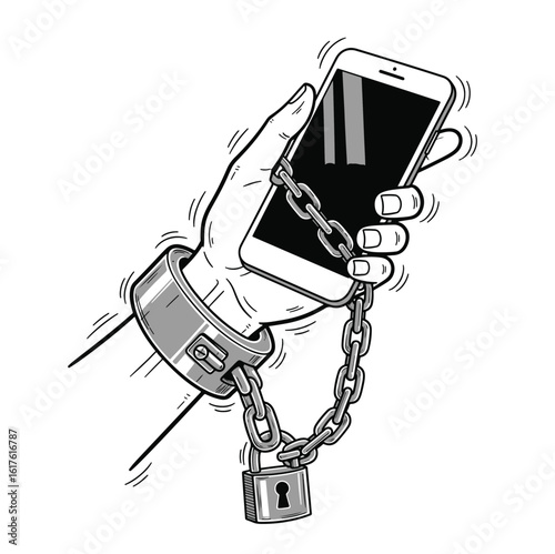 Smartphone addiction handcuffed by chain concept vector illustration design