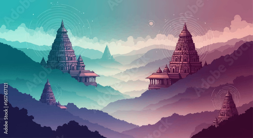 Ancient temples emerge from misty, rolling hills under a surreal, colorful sky.