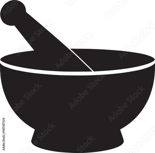 Mortar and Wooden Pestle Silhouette in Black | Kitchen Tool Illustration