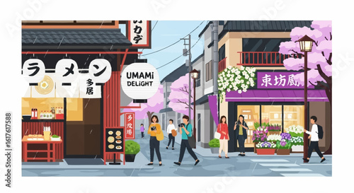 A vibrant street scene in Japan with people strolling past shops and restaurants under blooming cherry blossom trees, showcasing Japanese architecture and daily life.