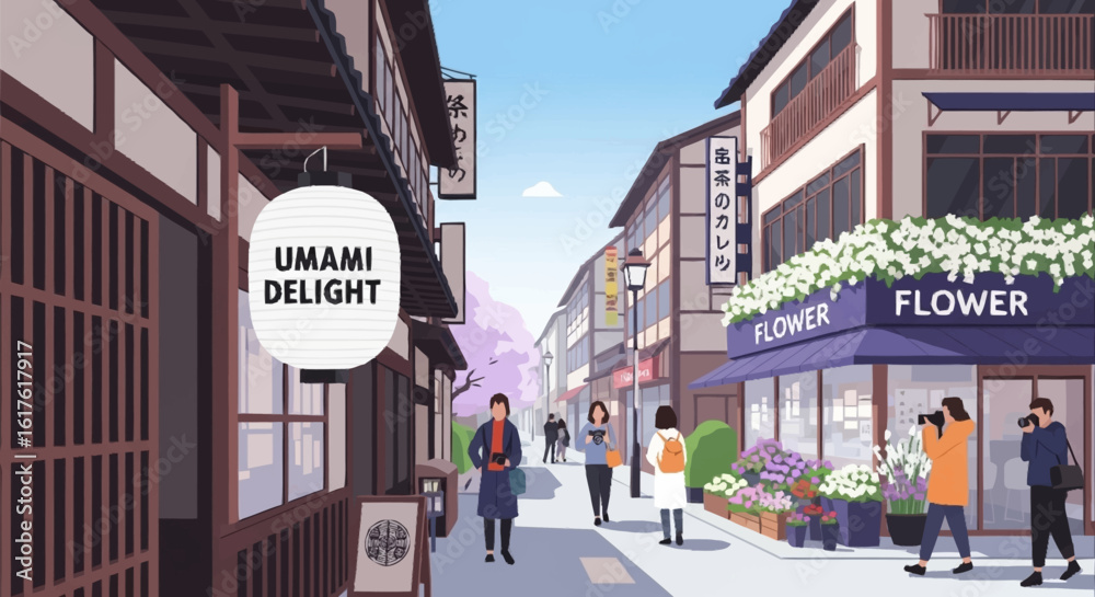 Fototapeta premium People walking on a picturesque Japanese street with traditional architecture, shops, and a flower store.