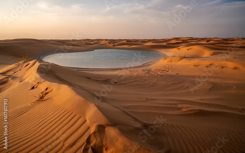 Desert oasis with rippling sand dunes at sunset water
