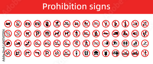 Prohibition Sign Icons Set Including No Smoking and No Entry Symbols. Suitable for safety signage, public place signage, graphic design, and other applications.