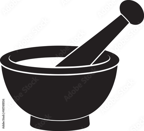 Mortar and Wooden Pestle Silhouette in Black | Kitchen Tool Illustration