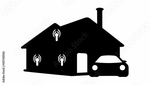 Silhouette of a house with a chimney and three vents with a car parked in front of the house 100