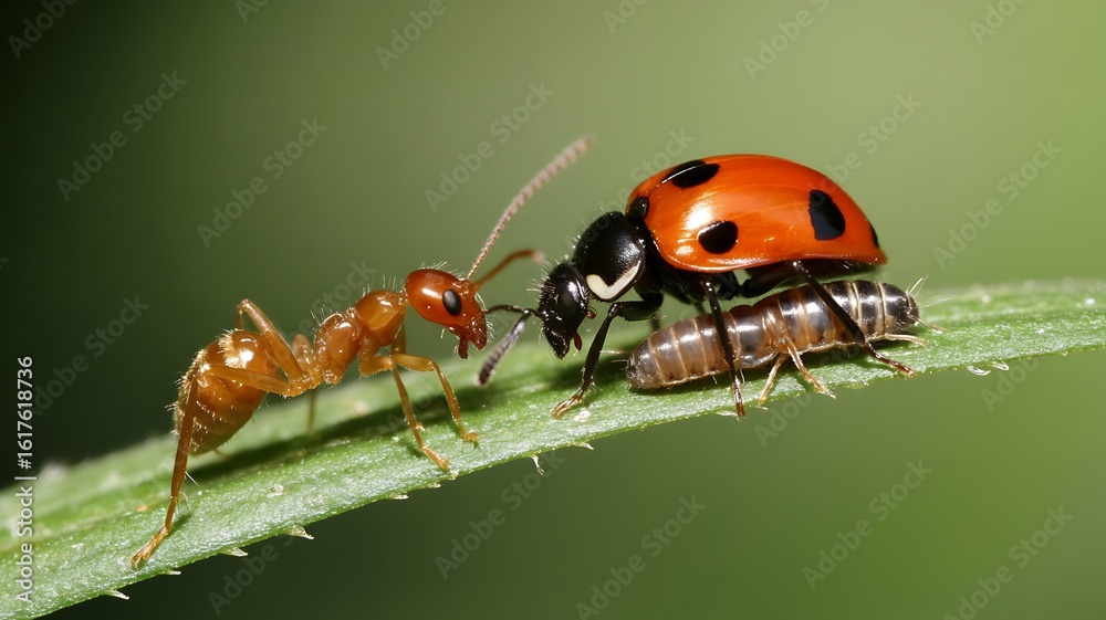 Fototapeta premium Ant ladybug and larva on green leaf insect macro