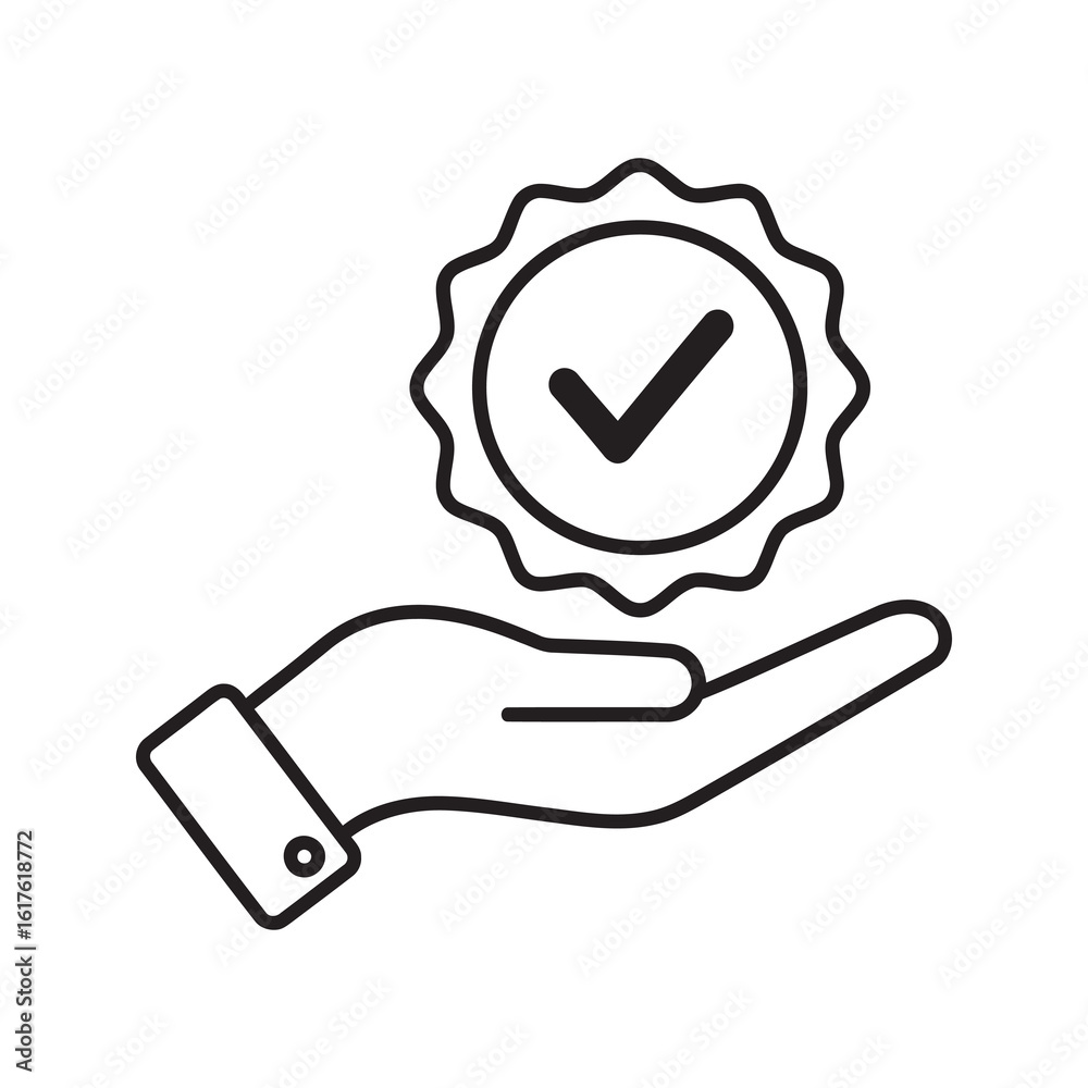 Certified quality icon with hand holding approval seal for service guarantee and product excellence representing best choice and satisfaction line vector stroke Certified quality icon with hand holding approval seal for service guarantee and product excellence representing best choice and satisfaction line vector stroke