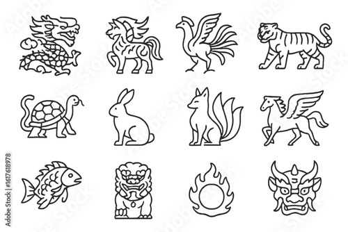 Stylized zodiac animals: dragon, phoenix, tiger, and more