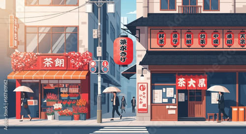 A vibrant animated street scene in an Asian city, featuring traditional shops with red accents, pedestrians walking with umbrellas, and bustling urban archit...