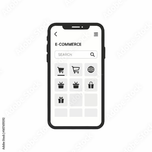 A monochrome illustration of a smartphone displaying a minimalist e-commerce application for online shopping.
