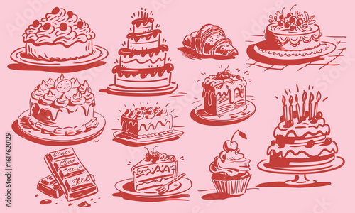 Hand-Drawn Illustration for Desserts, Cakes, and Bread Illustration Set for Bakery Branding and Food Packaging Design. Suitable for wedding invitations and party invitations.