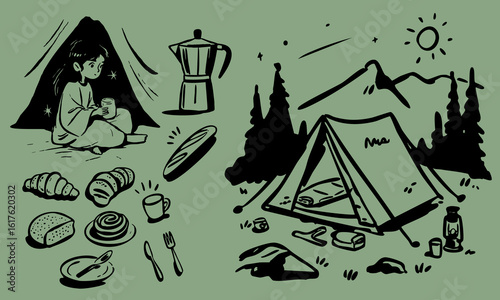 Hand-Drawn Camping Illustration with Girl, Tent, Coffee, and Picnic Elements. Suitable for use in parent-child picture books, picnic-themed cultural and creative products, holiday packaging, postcards