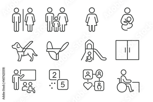 Family and accessibility icons: gender, parenthood, disabilities, activities