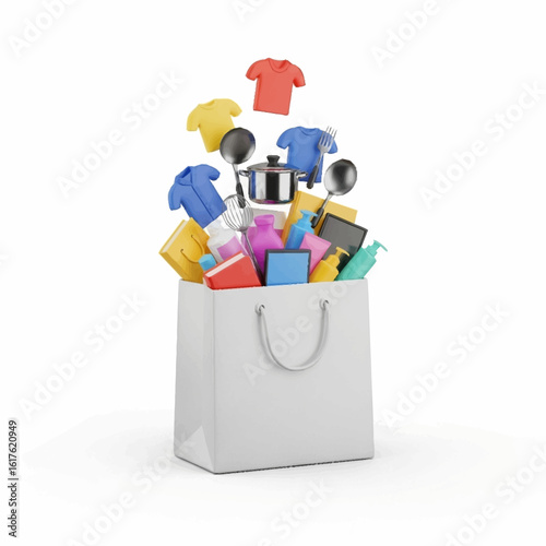 Colorful assortment of household items overflowing from a white paper shopping bag.