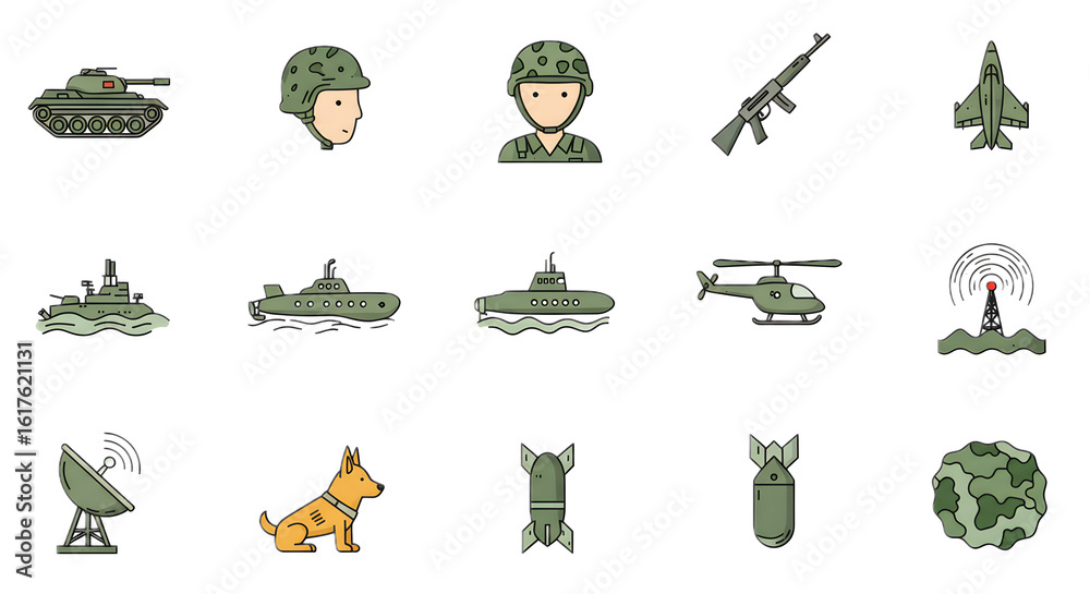 Fototapeta premium Military Vehicles Soldiers Weapons Aircraft Naval Ships Submarine Radar Drone Dog Bombs Rocket Earth