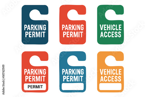 A collection of colorful parking permit and vehicle access tags in various designs, ideal for businesses, events, and managing vehicle access in a controlled setting.