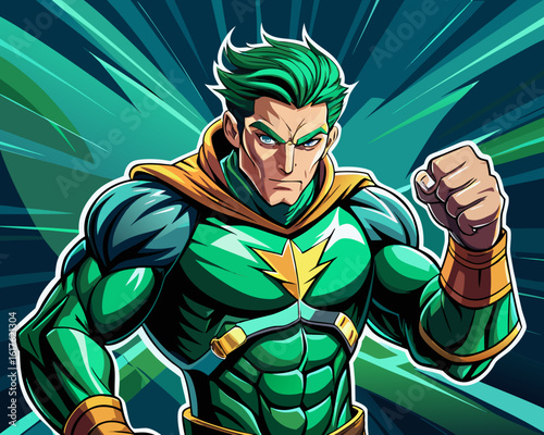 Pop art comic book style super hero punching with male superhero costume poster design