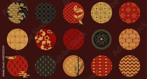 Asian circle ornaments collection with golden Japanese patterns - sea wave and koi fish, cherry blossoms and bamboo, lotus flower and traditional wave motifs in for oriental design elements.