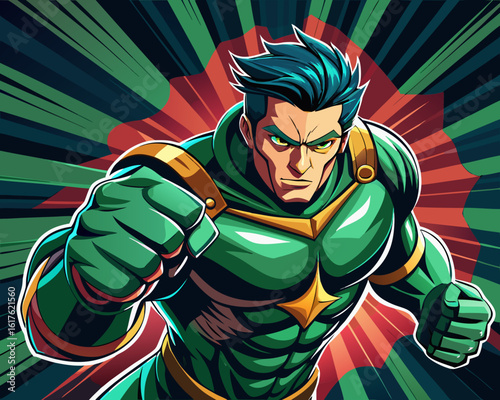 Pop art comic book style super hero punching with male superhero costume poster design