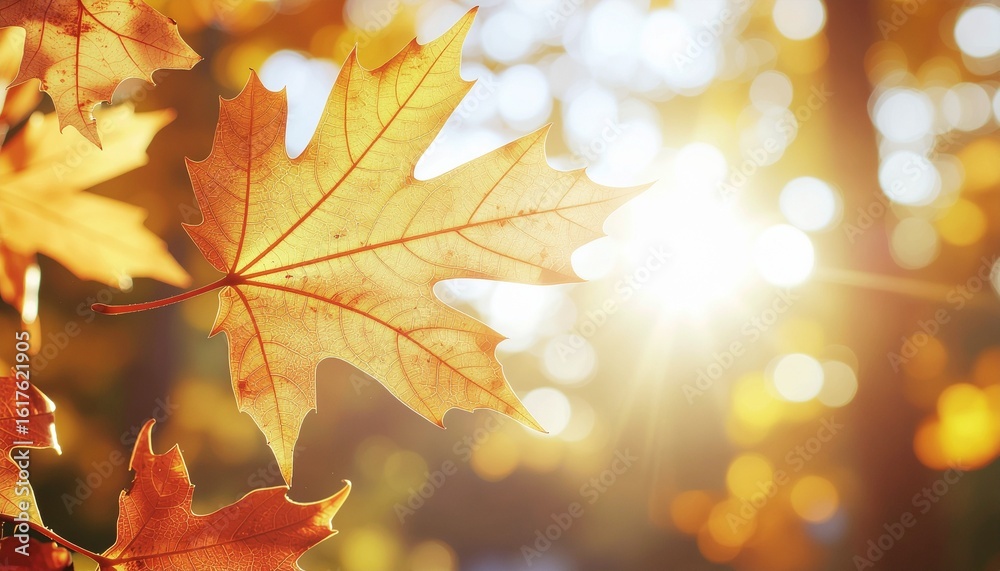 Fototapeta premium 紅葉の葉 - 夕日に輝く鮮やかな葉脈, Autumn Leaf - Vivid Veins Glowing in Sunset