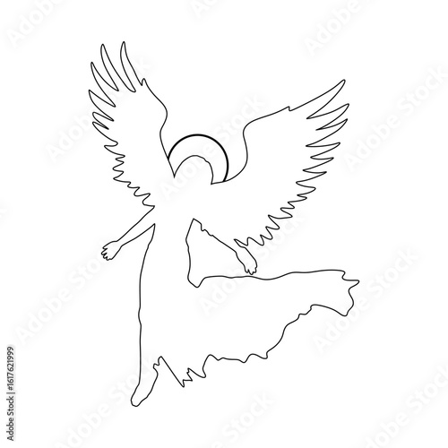 Fantasy woman angel soars in the air with huge bird wings. Girl in levitation flies. Lady goddess in dress, fabric waving fluttering in motion