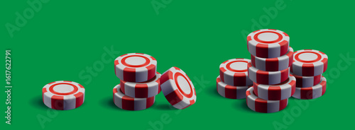 Red and white casino chips stacked on green table - 3d poker tokens in various piles for gambling game design. Striped betting coins from single piece to tall stack for online gaming visuals.