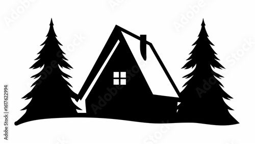 A frame cabin silhouette nestled between two evergreen trees in a monochrome forest scene graphic