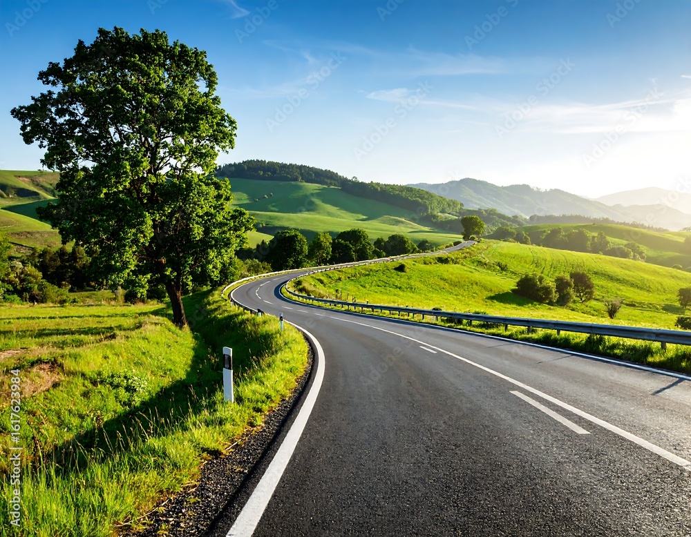 Naklejka premium Winding road through lush landscape