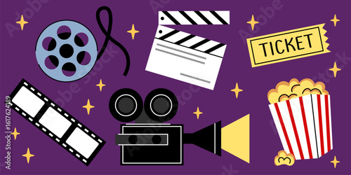 Cinema doodle collection - movie film reel, clapperboard and yellow ticket, filmstrip frames, vintage camera projector, striped popcorn box with snacks. Entertainment industry icons for movie night