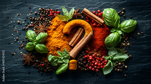 Colorful spices and herbs arranged artistically on a dark surface showcasing culinary creativity and flavor vibrancy