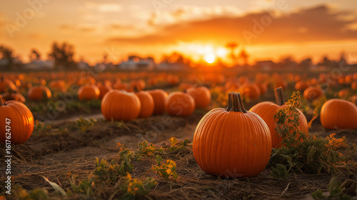 Orange Pumpkins in the Field at Sunset