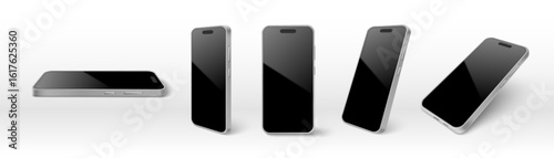 Modern smartphone mockup showing silver device from different angle views - horizontal flat, vertical standing, tilted perspective with black glossy screen for app presentation or digital marketing.