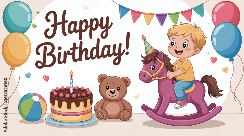 Fototapeta premium Animated Happy Birthday Celebration with a Boy on a Rocking Horse and Birthday Cake