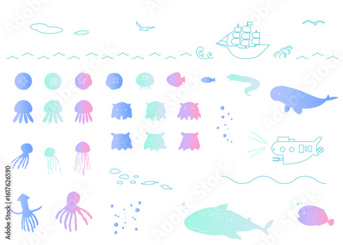 マリンモチーフのイラストセット　夏　海　海の生き物　グラデーション