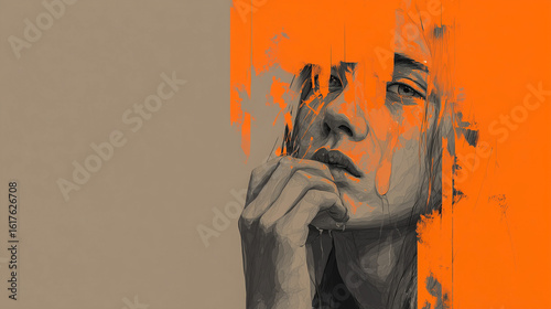 Abstract digital art of a thoughtful woman's face with a half-colored portrait, representing a split personality, mental health struggles, and human emotions