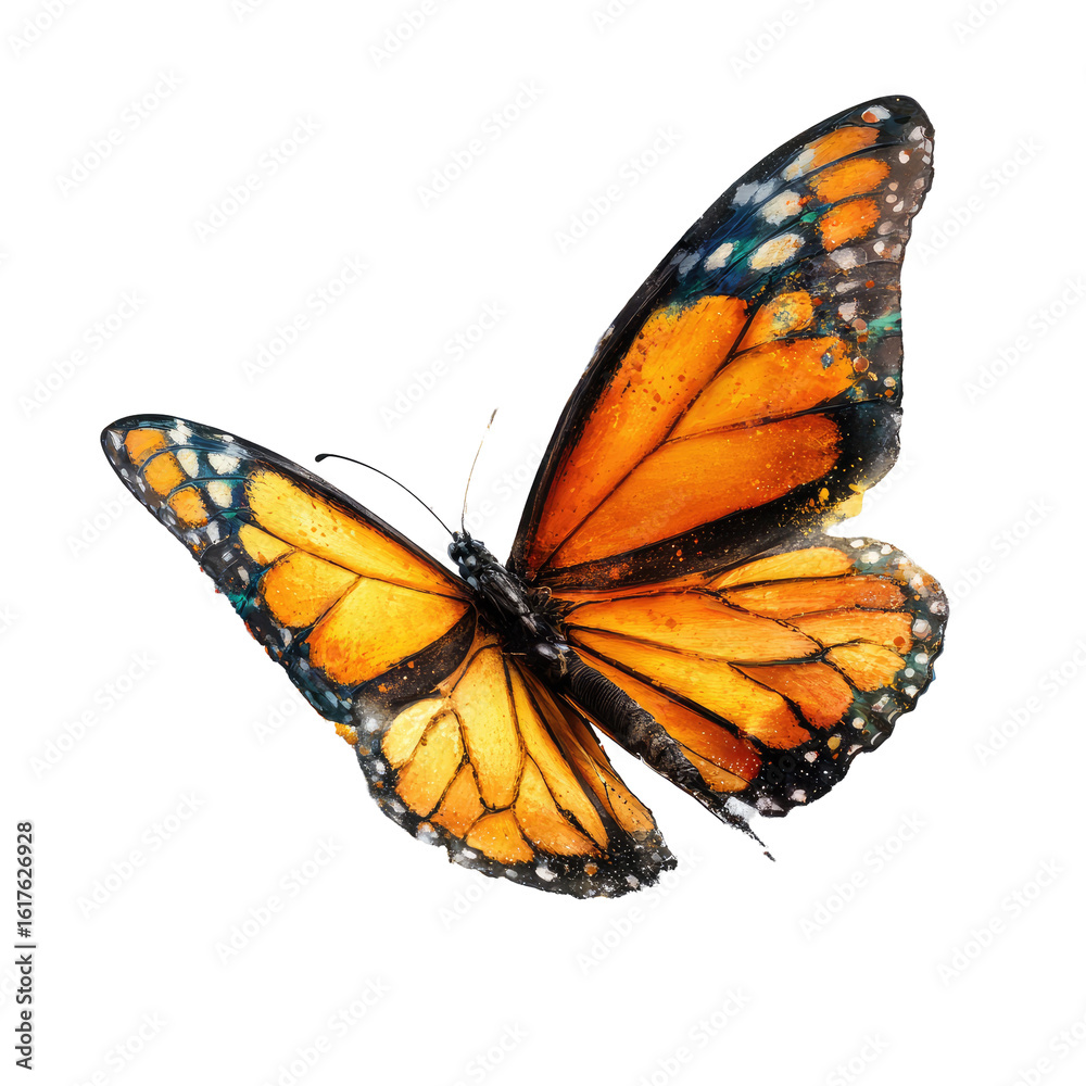 Fototapeta premium Monarch butterfly in flight, vibrant colors