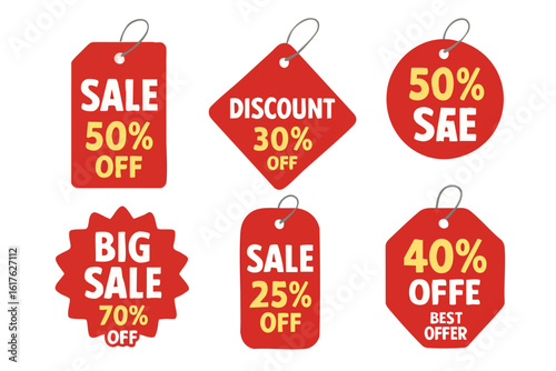 Various vibrant red sale tags with different shapes and percentages, advertising discounts and special offers for retail promotions and marketing campaigns to attract customers.