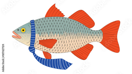 Cartoon Fish with Blue Striped Tie, Orange Fins, Scales, Yellow Eye on White
