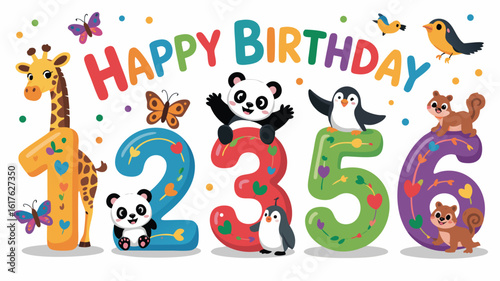 Cartoon Happy Birthday with Giraffe, Pandas, Penguins, Squirrels, Numbers, Birds and Butterflies Illustration