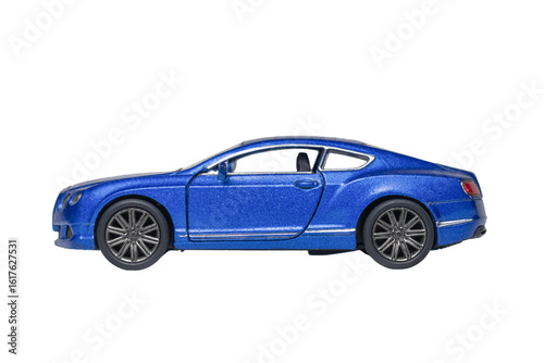 side view of blue sport car toy isolated on white background