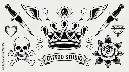 Classic Tattoo Flash Sheet Skull, Rose, Daggers, Crown, Diamond, Winged Ear, and AllSeeing Eye