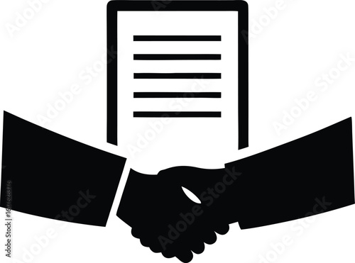 Black silhouette design representing a handshake over a document indicating agreement or collaboration