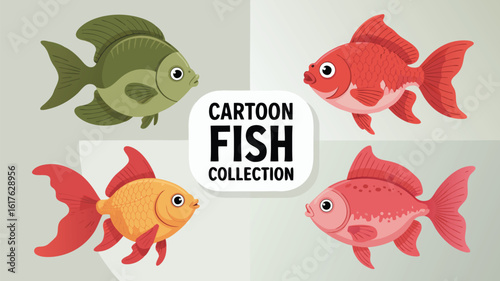 Cute Cartoon Goldfish Collection Four Colorful Fish Swimming, Green, Red, Orange, and Pink Tones