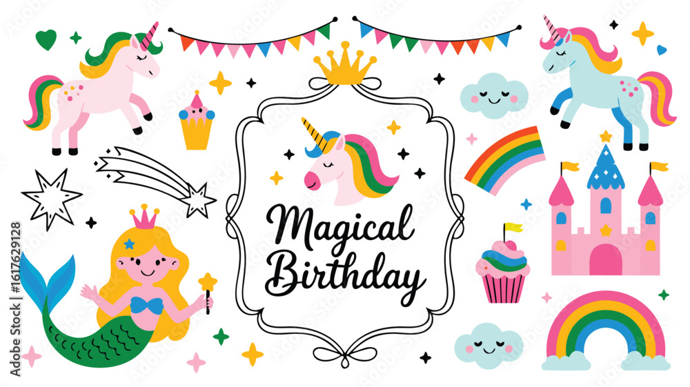 Naklejka premium Colorful Magical Birthday Design with Unicorns, Mermaid, Castle, Rainbows, and Festive Elements Illustration