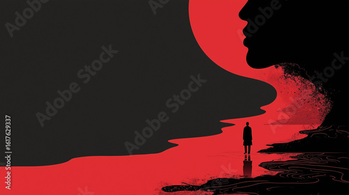 Conceptual Graphic of Solitude and Loneliness with a Man Silhouette and Abstract Red Landscape