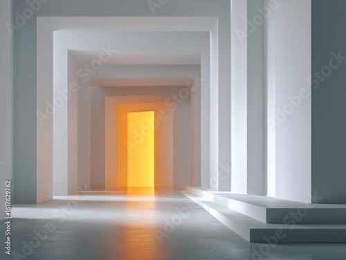 Abstract white hallway with orange door