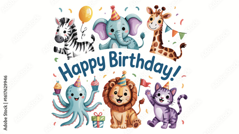 Obraz premium Happy Birthday Animals Cartoon Zebra, Elephant, Giraffe, Octopus, Lion and Cat Celebration