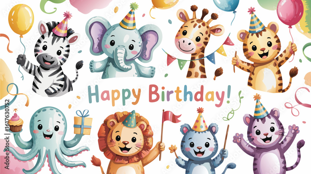 Naklejka premium Happy Birthday with Cute Cartoon Animals Zebra, Elephant, Giraffe, Tiger, Octopus, Lion, and Cat